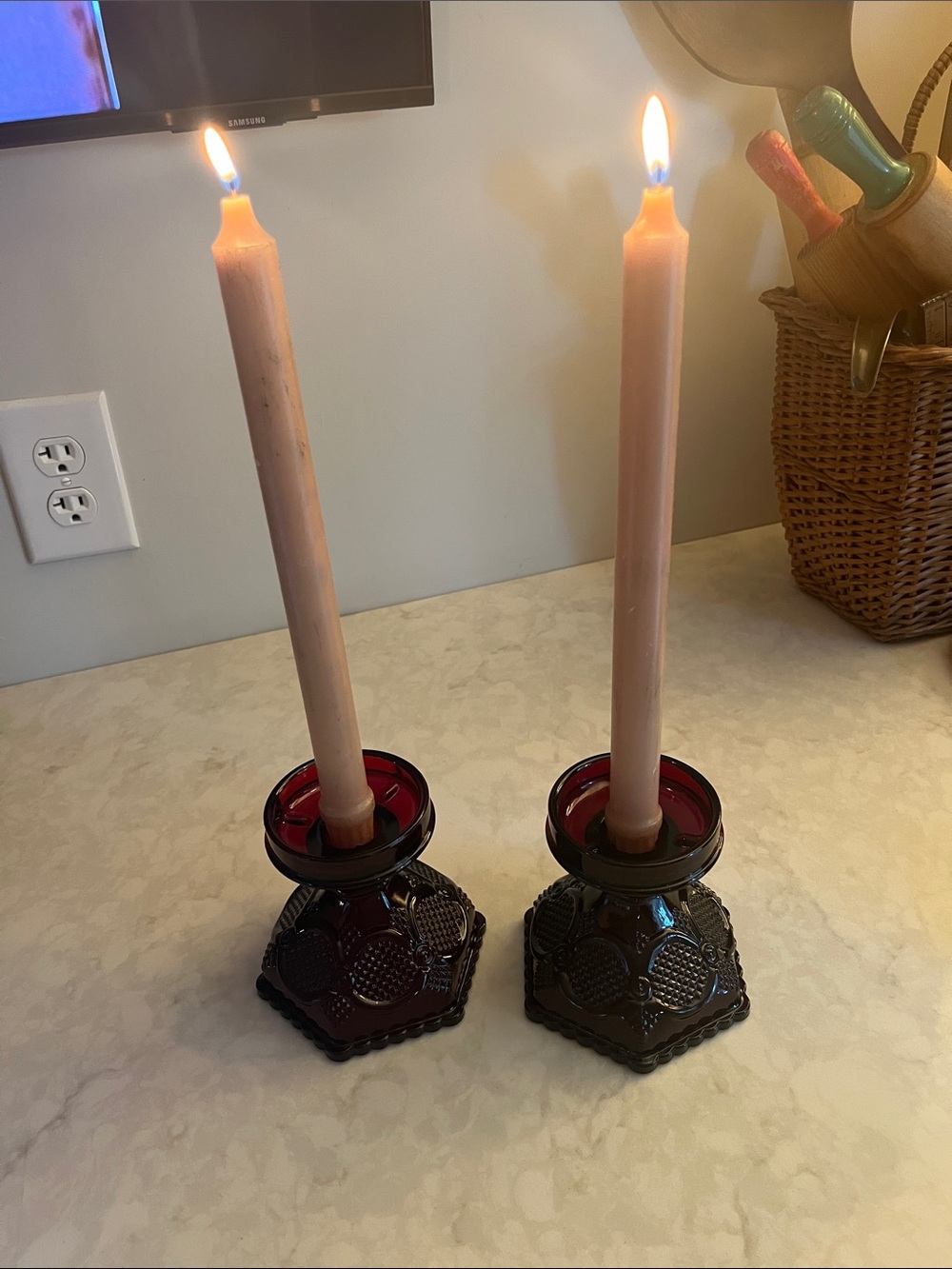 Vintage Avon 1876 Cape‎ Cod Collection  Candle Base pair compote Ruby Red Glass